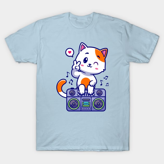 Cute Cat Sitting On Boombox Radio Cartoon T-Shirt by Catalyst Labs